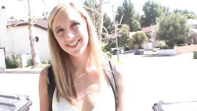 Skinny babe sucks a huge cock then gets banged by Stranger