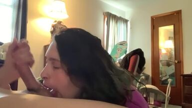 TWO HANDS AND LICKING CUM OFF BALLS BEFORE STEPMOM GETS HOME - 1 image