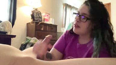 TWO HANDS AND LICKING CUM OFF BALLS BEFORE STEPMOM GETS HOME - 7 image