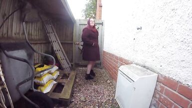 Chubby redhead in the Yard in Ankle boots and coat - 4 image
