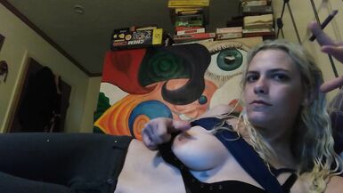 Hot blonde smokes clove cigarettes, plays on phone and plays with tits - 11 image