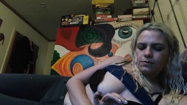 Hot blonde smokes clove cigarettes, plays on phone and plays with tits - 12 image