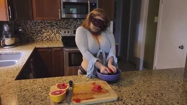 Slicing and crushing Food and RUBBING it into MY BIG MILF BOOBS - 1 image