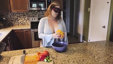 Slicing and crushing Food and RUBBING it into MY BIG MILF BOOBS - 10 image