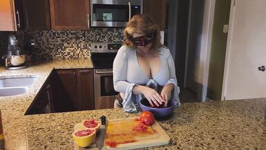 Slicing and crushing Food and RUBBING it into MY BIG MILF BOOBS - 11 image