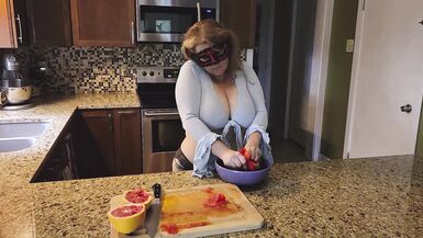 Slicing and crushing Food and RUBBING it into MY BIG MILF BOOBS - 12 image