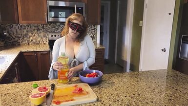 Slicing and crushing Food and RUBBING it into MY BIG MILF BOOBS - 13 image