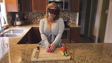 Slicing and crushing Food and RUBBING it into MY BIG MILF BOOBS - 2 image