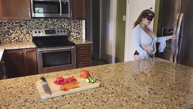 Slicing and crushing Food and RUBBING it into MY BIG MILF BOOBS - 3 image
