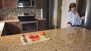 Slicing and crushing Food and RUBBING it into MY BIG MILF BOOBS - 4 image