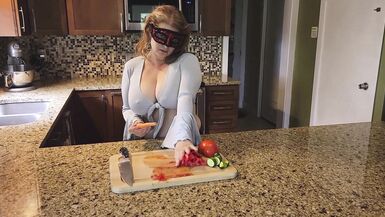 Slicing and crushing Food and RUBBING it into MY BIG MILF BOOBS - 5 image