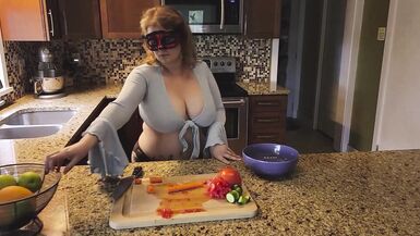 Slicing and crushing Food and RUBBING it into MY BIG MILF BOOBS - 6 image