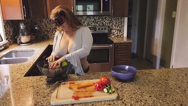 Slicing and crushing Food and RUBBING it into MY BIG MILF BOOBS - 7 image