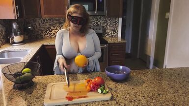Slicing and crushing Food and RUBBING it into MY BIG MILF BOOBS - 8 image