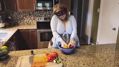 Slicing and crushing Food and RUBBING it into MY BIG MILF BOOBS - 9 image