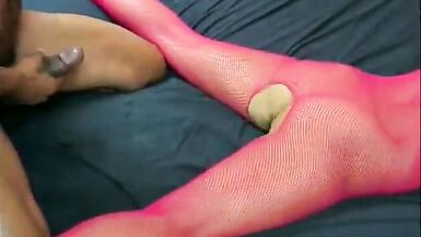 Naughty blonde in pink fishnet outfit was banged with cock - 14 image