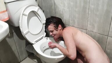 HUMAN TOILET slut PISSES on her own face while head in toilet | lick pee up - 10 image