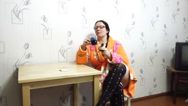 Fetish with food from chubby milf with big tits and morning masturbation shaved pussy for breakfast