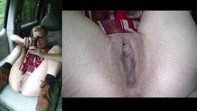Masturbating in the car with a  red glass bottle - 5 image