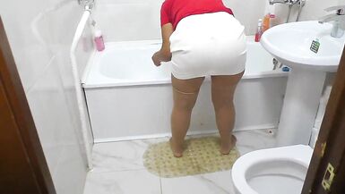 Son caught mom in the bathroom and fucked in the mouth and ass