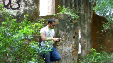 busty brunette gets fucked in the ruins and drinks cum - 1 image