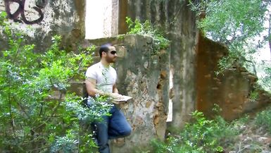 busty brunette gets fucked in the ruins and drinks cum