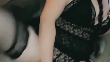 Hot milf orgasms multiple times in black lace and thigh highs - 11 image