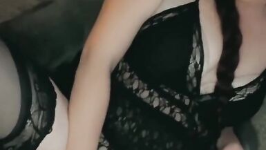 Hot milf orgasms multiple times in black lace and thigh highs - 14 image
