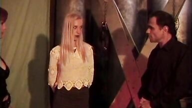 Sexy blonde is bound in red and has clamps applied by sadist - 2 image