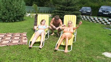 Bi Friends in pool share big boobed lesbians