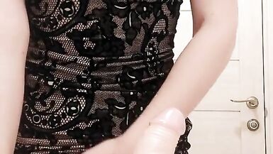 MILF in Dress Sucks Dildo and Caresses Wet Pussy in the Restroom - 10 image