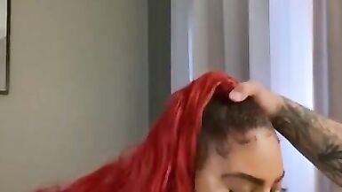 Lipstick on Ebony Mermaid gets on Huge Cock during blowjob