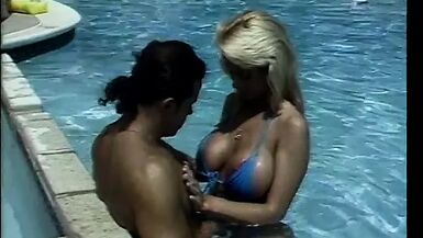 Blonde with a tight ass gets doggy style banging by the pool - 1 image
