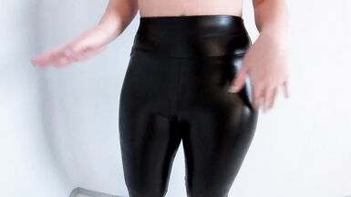 Sexy babe teasing in shiny leather leggins - 10 image
