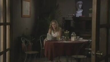 Brunet slut with massive tits rides a long white cock in her