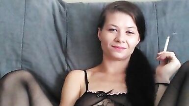 smoking pussy play in black lingerie - 8 image