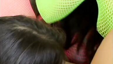 Guy fucks two hot chicks in pink and green fishnets in room - 5 image