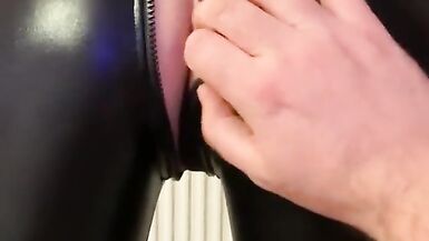 British Amateur Milf Being Unzipped in her Leather Catsuit and then Fingered - 8 image