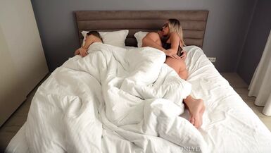 Seduced By Blonde Stepmom! Threesome Fuck With Horny MILF, GF Joined After Woke Up.