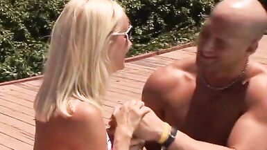 Bald stud titty fucks and gets head from a stunning MILF then fucks her - 3 image