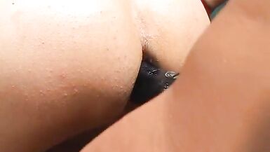 Bisexual threesome with brunette using strapon to fuck with interracial male duo - 10 image