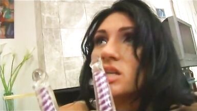 Horny lesbian babes sucking huge dildos before fucking their pussies - 11 image