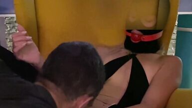 Blonde in Black Stockings under Mask using Gag Ball and Dildo - 3 image