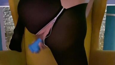 Blonde in Black Stockings under Mask using Gag Ball and Dildo - 8 image