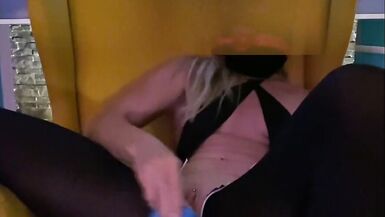 Blonde in Black Stockings under Mask using Gag Ball and Dildo - 9 image