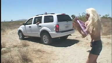 Three man are fucking lustful well shaped blonde in the car and near it