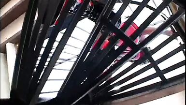 Chick in red leather gets pounded  in her round butt by the pool - 1 image