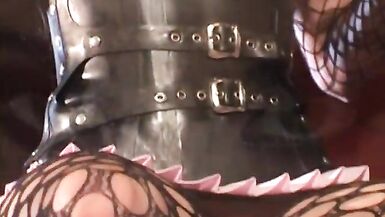 Brunette in fishnets and leather takes two cocks - 3 image
