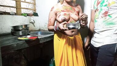 On Festival of HOLI Devar Fuck Cute Sexy Bhabhi on Kichen Stand After Applying Color on Her Boobs