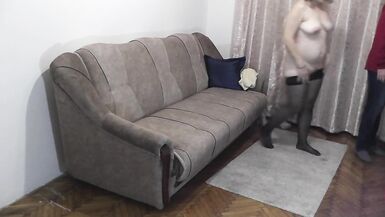 Wife made erotic session for her husband in professional salon. Master jerked off dick and cum on wife pussy